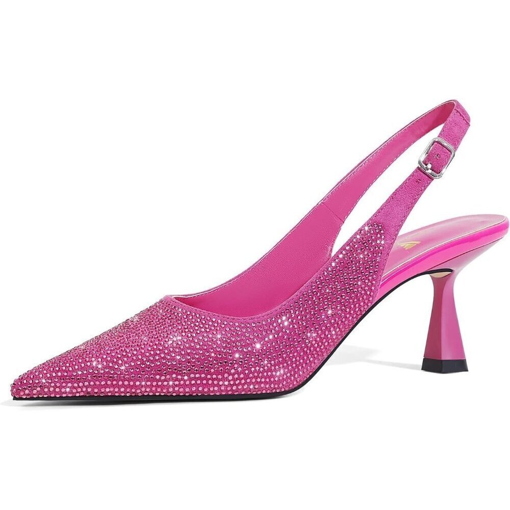 🆕Women Hot Pink Faux Leather Slingback Kitten Heels Rhinestone Bridal Pumps